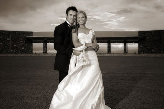 bride and groom in dusk